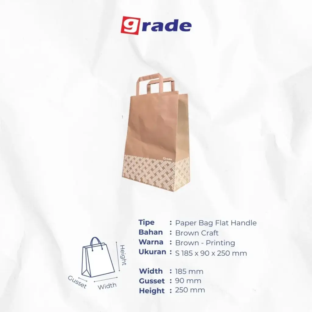PAPER BAG FLAT HANDLE #S — 185 × 90 × 250 MM — COKLAT — PRINTING "KANTONG GRADE" (1 inner = 25 pcs)