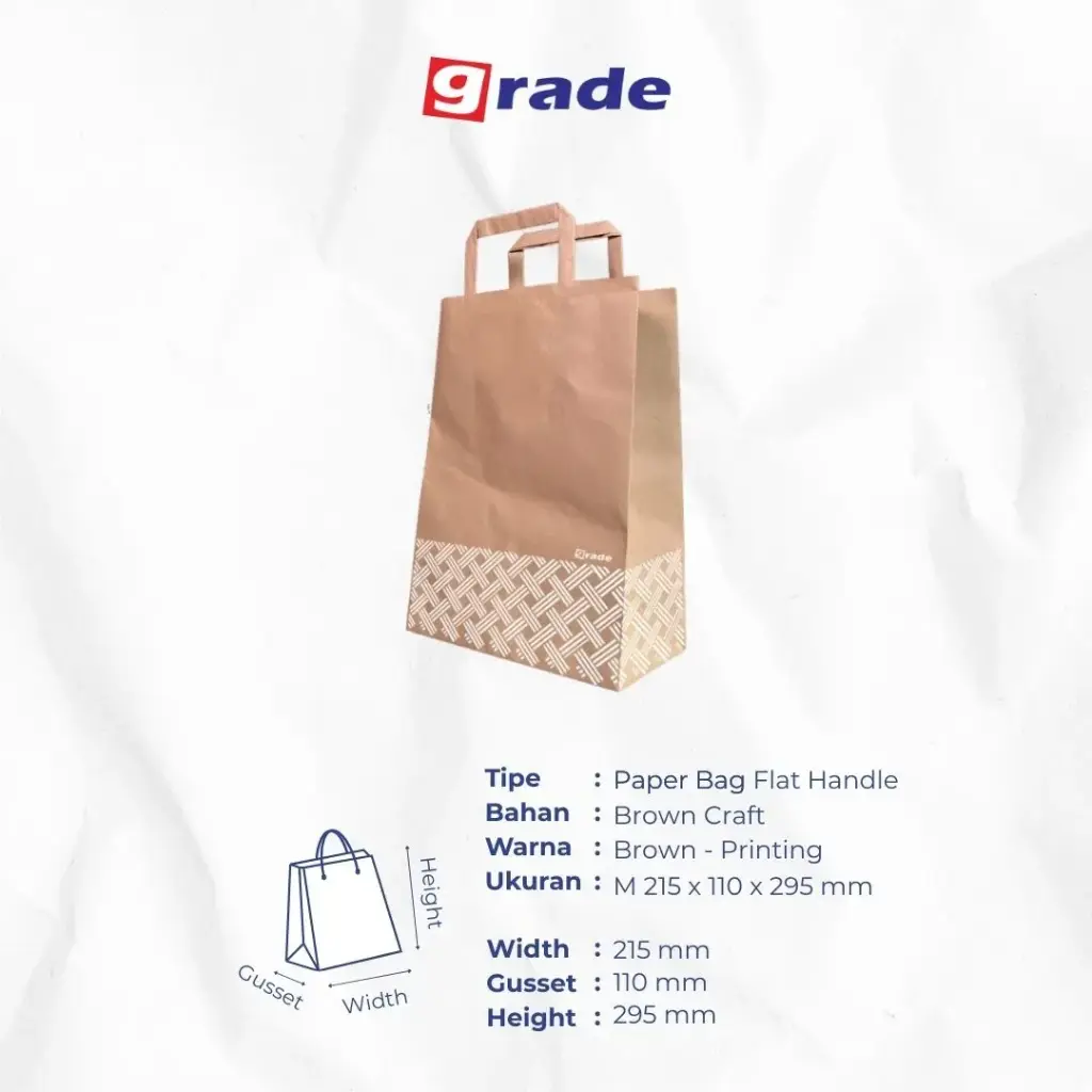 PAPER BAG FLAT HANDLE #M — 215 × 110 × 295 MM — COKLAT — PRINTING "KANTONG GRADE" (1 karton = 500 pcs)