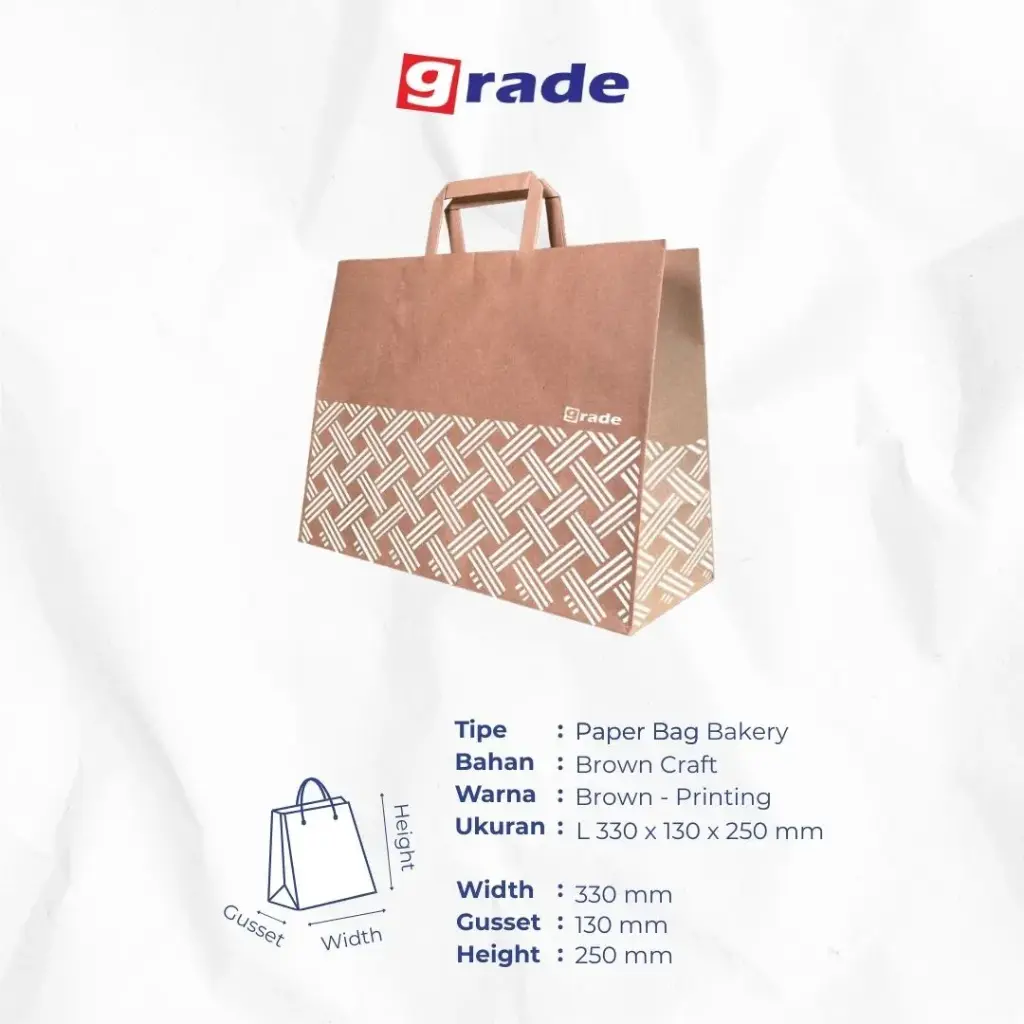 PAPER BAG FLAT HANDLE BAKERY #L — 330 × 130 × 250 MM — COKLAT — PRINTING "KANTONG GRADE" (1 inner = 25 pcs)