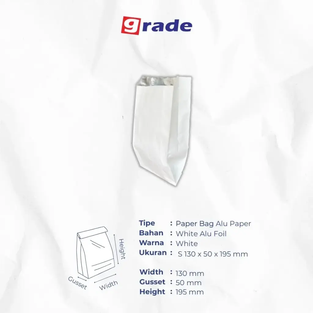 PAPER BAG V BOTTOM ALU S — 125 × 50 X 195 MM — ALU FOIL 65 GSM — POLOS (1 inner = 100 pcs)
