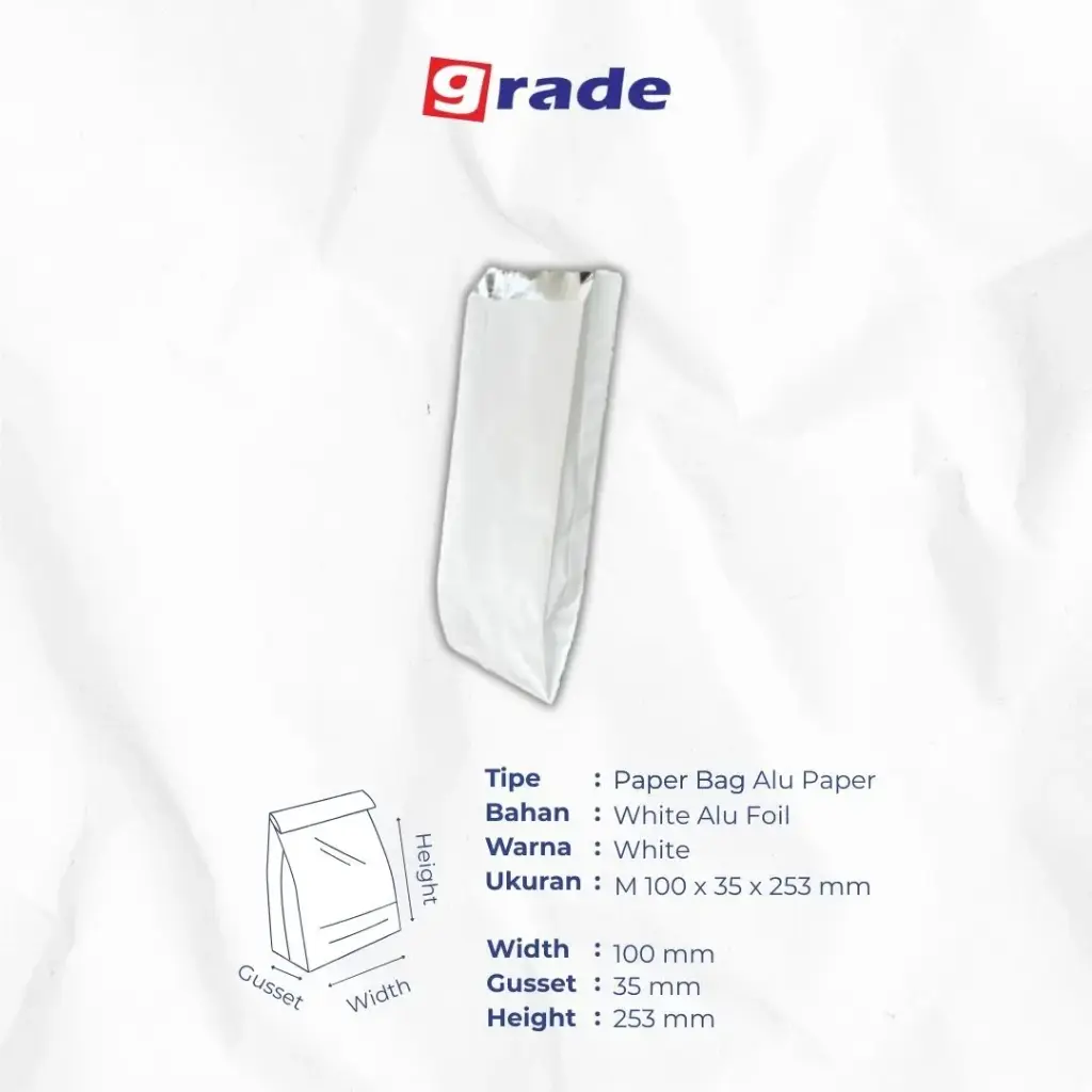 PAPER BAG V BOTTOM ALU M — 100 × 35 X 255 MM — ALU FOIL 65 GSM — POLOS (1 karton = 2.000 pcs)