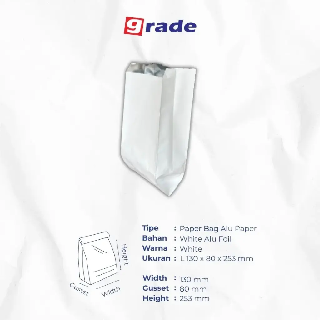 PAPER BAG V BOTTOM ALU L — 130 × 80 X 255 MM — ALU FOIL 65 GSM — POLOS (1 inner = 25 pcs)
