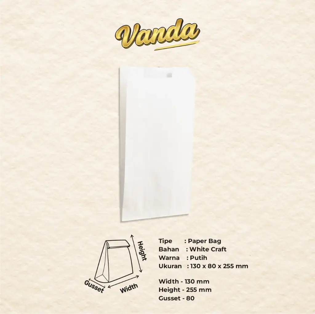 PAPER BAG V BOTTOM WK #4 (MG 35) — 130 × 80 × 255 MM — PUTIH — POLOS "VANDA" (1 inner = 100 pcs)