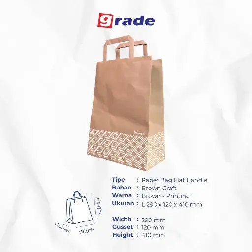 PAPER BAG FLAT HANDLE #L — 290 × 120 × 410 MM — COKLAT — PRINTING "KANTONG GRADE" (1 inner = 25 pcs)