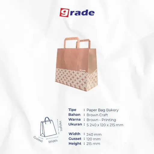 PAPER BAG FLAT HANDLE BAKERY #S — 240 × 120 × 215 MM — COKLAT — PRINTING "KANTONG GRADE" (1 inner = 25 pcs)