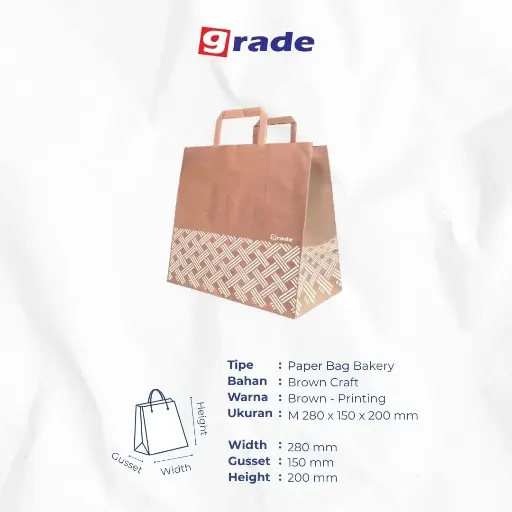 PAPER BAG FLAT HANDLE BAKERY #M — 280 × 150 × 200 MM — COKLAT — PRINTING "KANTONG GRADE" (1 inner = 25 pcs)
