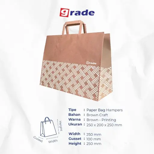 PAPER BAG FLAT HANDLE H&M — 250 × 200 × 250 MM — COKLAT — PRINTING "KANTONG GRADE" (1 inner = 25 pcs)