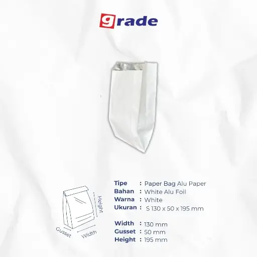 PAPER BAG V BOTTOM ALU S — 125 × 50 X 195 MM — ALU FOIL 65 GSM — POLOS (1 inner = 100 pcs)