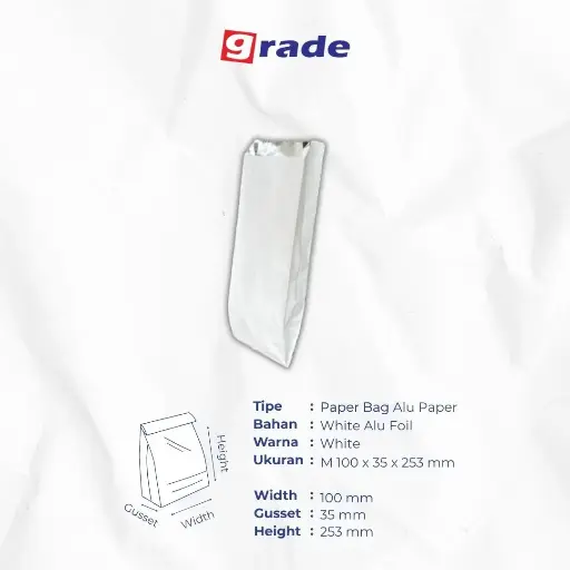 PAPER BAG V BOTTOM ALU M — 100 × 35 X 255 MM — ALU FOIL 65 GSM — POLOS (1 inner = 100 pcs)